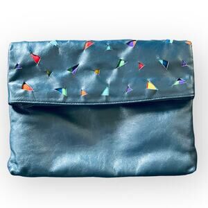 Pioneer Vintage 80s Navy Blue Leather Fold Over Clutch Purse w/ Fabric Cut Outs